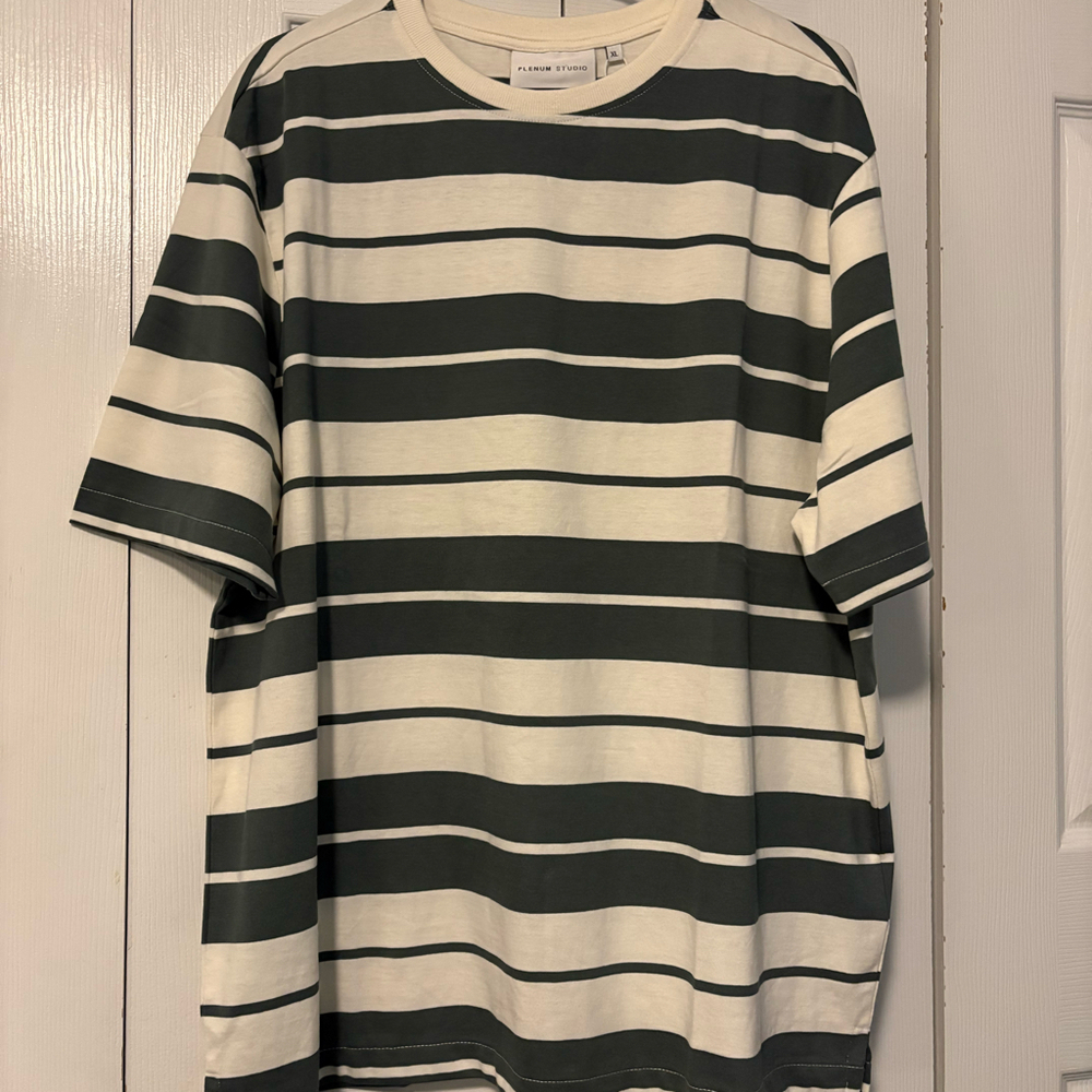 Plenum Studio Striped T-Shirt Mens XL Gray Cream Oversized